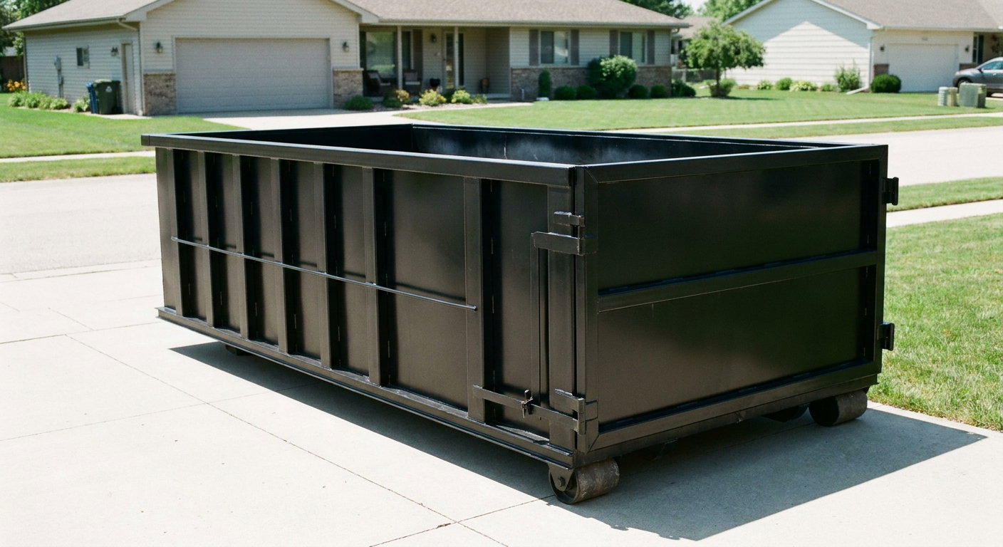 Matte-black 10-yard roll-off dumpster on a residential concrete driveway in Salem, uniformly painted matte black across every panel and rail, ribbed steel sidewalls and rear swing door visible, mid-day daylight.
