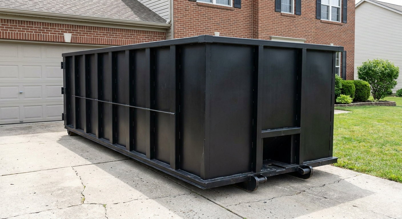 Matte-black 20-yard roll-off container on a Salem residential concrete driveway with reinforced ribbed steel sidewalls and a hinged rear walk-in door, clean bright daylight.