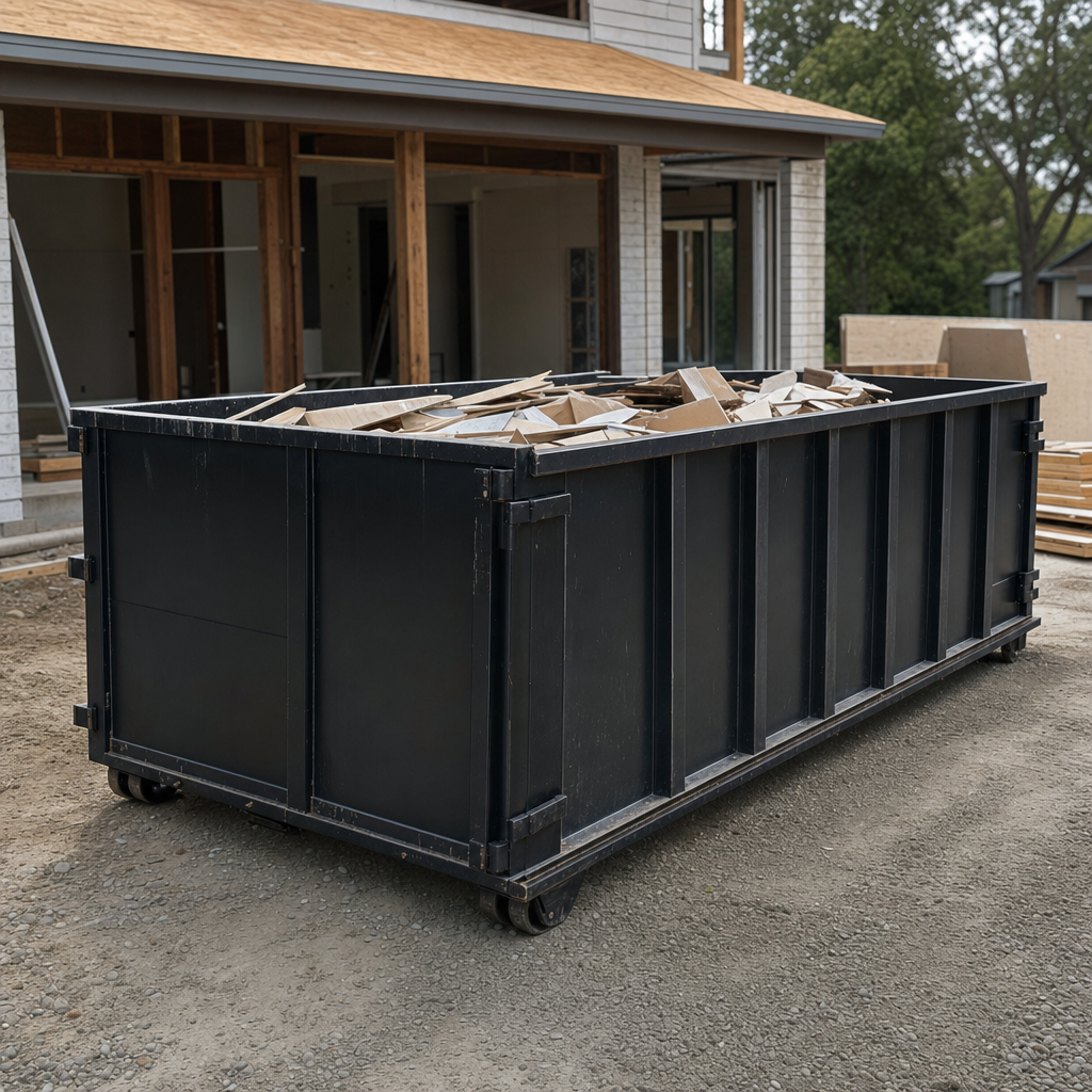 Large matte-black 30-yard construction roll-off dumpster at an active Salem jobsite, steel-gray top rails and bottom rollers visible, loaded with construction debris.