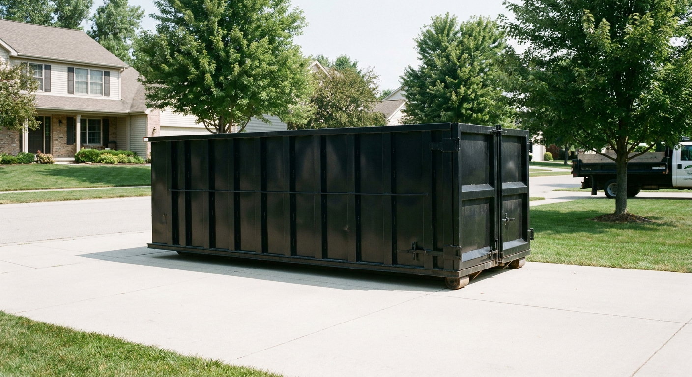 Matte-black 20-yard roll-off dumpster sitting level on a clean Salem residential concrete driveway under bright daylight, demonstrating clean placement directly on the concrete.